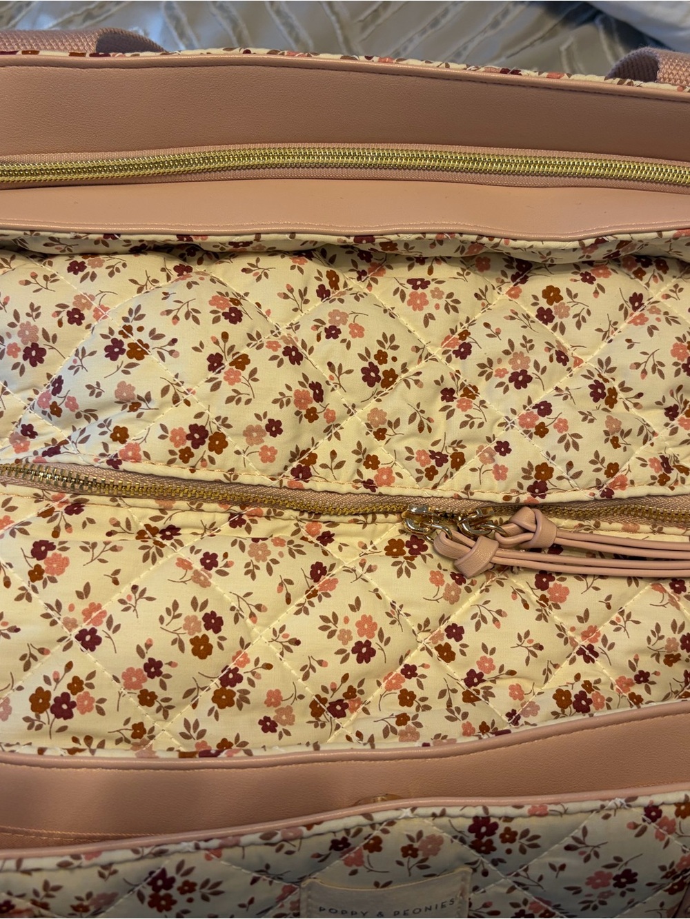 Poppy & Peonies Quilted Floral Tote in Cream, Pink and Brown - Picture 2 of 6